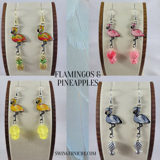 Pink Flamingo and Pineapple Earrings, Tropical Resort Jewelry for the Swinger Lifestyle, Upside Down Pineapple Pink Earrings