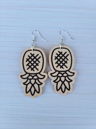 Wood Upside Down Pineapple Earrings, Laser Pineapple Earrings with a Natural Finish, Jewelry Bag Included