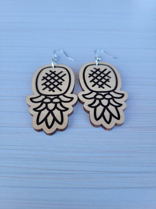 Wood Upside Down Pineapple Earrings, Laser Pineapple Earrings with a Natural Finish, Jewelry Bag Included