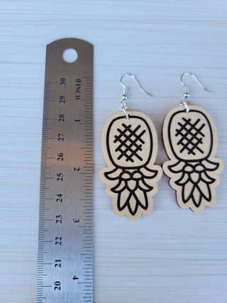 Wood Upside Down Pineapple Earrings, Laser Pineapple Earrings with a Natural Finish, Jewelry Bag Included