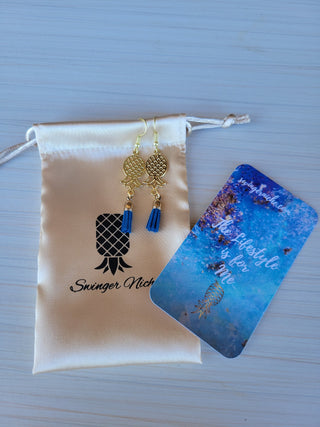 Upside Down Pineapple Royal Blue Tassel Earrings in Gold Color, Swinger Lifestyle Jewelry, Alternative Lifestyle Earrings