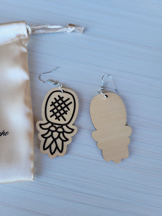 Wood Upside Down Pineapple Earrings, Laser Pineapple Earrings with a Natural Finish, Jewelry Bag Included
