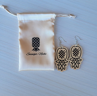 Wood Upside Down Pineapple Earrings, Laser Pineapple Earrings with a Natural Finish, Jewelry Bag Included