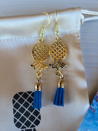 Upside Down Pineapple Royal Blue Tassel Earrings in Gold Color, Swinger Lifestyle Jewelry, Alternative Lifestyle Earrings