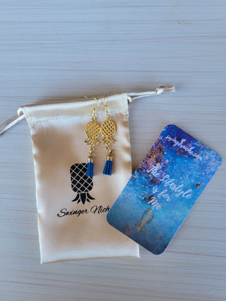 Upside Down Pineapple Royal Blue Tassel Earrings in Gold Color, Swinger Lifestyle Jewelry, Alternative Lifestyle Earrings