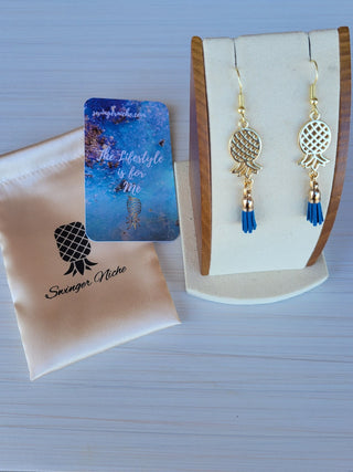 Upside Down Pineapple Royal Blue Tassel Earrings in Gold Color, Swinger Lifestyle Jewelry, Alternative Lifestyle Earrings