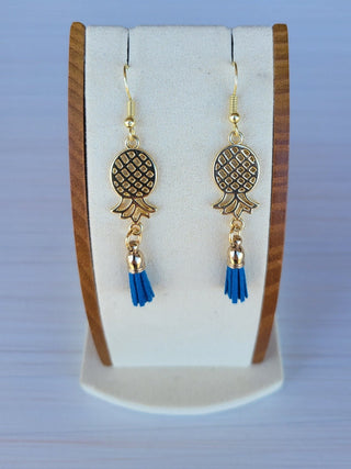 Upside Down Pineapple Royal Blue Tassel Earrings in Gold Color, Swinger Lifestyle Jewelry, Alternative Lifestyle Earrings