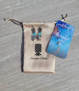 Sea Turtle and Pineapple Charm Earrings / Upside Down Pineapple Earrings with a Turtle and Opaque beads/ Silver / Swinger Lifestyle Jewelry