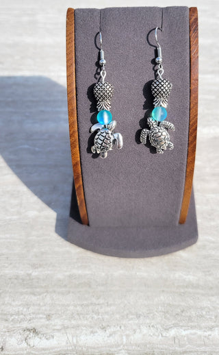 Sea Turtle and Pineapple Charm Earrings / Upside Down Pineapple Earrings with a Turtle and Opaque beads/ Silver / Swinger Lifestyle Jewelry