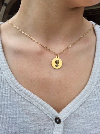 Gold Upside Down Pineapple Necklace / Charm is Stainless Steel Engraved / Necklace Length/ Swinger Necklace