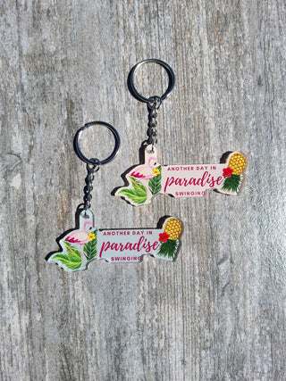Another Day in Paradise Swinging with an Upside Down Pineapple and Flamingo / Swinger Lifestyle Keychain / Luggage Zipper Pull