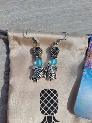 Sea Turtle and Pineapple Charm Earrings / Upside Down Pineapple Earrings with a Turtle and Opaque beads/ Silver / Swinger Lifestyle Jewelry