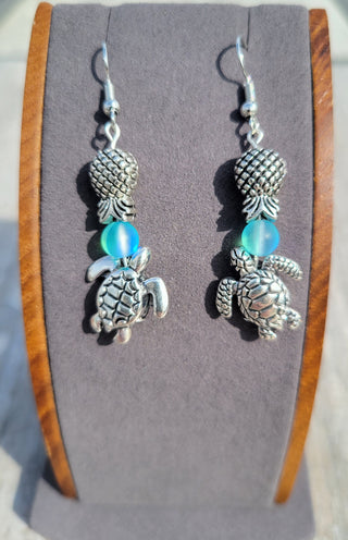 Sea Turtle and Pineapple Charm Earrings / Upside Down Pineapple Earrings with a Turtle and Opaque beads/ Silver / Swinger Lifestyle Jewelry