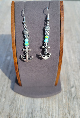 Anchor and Pineapple Charm Earrings / Upside Down Pineapple Earrings with an Anchor and Small Oceanic Colored Beads