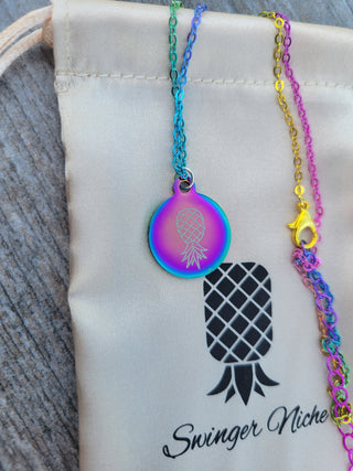 Rainbow Colored Necklace with an Upside Down Pineapple Charm / Swinger Lifestyle Jewelry / 16 Inch Necklace