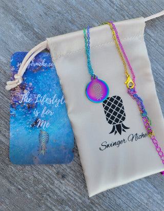 Rainbow Colored Necklace with an Upside Down Pineapple Charm / Swinger Lifestyle Jewelry / 16 Inch Necklace