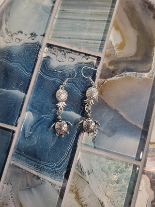 Upside Down Pineapple and Turtle Earrings / Silver Turtle / Swinger Pineapple earrings with a silver turtle / Lifestyle Earrings