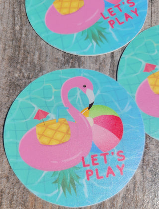 Let's Play Flamingo Float with an Upside Down Pineapple Tropical Drink for the Pool Side Bar / Pineapple Tumbler Sticker / Pool Party Decor