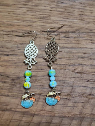 Upside Down Pineapple Earrings with Tropical Beads and Tropical Drink Charm, Swinger Jewelry, Cruise Earrings, Jewelry Bag Included