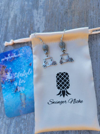 Upside down pineapple golf cart earrings in silver / Swinger earrings for golfers / Swinger earrings for the beach / Fun earrings
