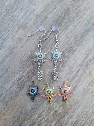 Upside Down Pineapple Turtle Earrings with Mutiple Gemstones / 4 Different Color Options: Silver, Gold, Rose Gold, or Black