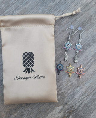 Upside Down Pineapple Turtle Earrings with Mutiple Gemstones / 4 Different Color Options: Silver, Gold, Rose Gold, or Black