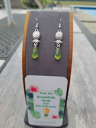 Upside Down Pineapple Earrings With A Green Translucent Bead / Swinger Pineapple / Great for a cruise,group event, and night clubs