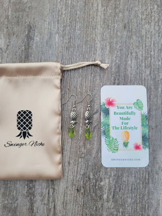 Upside Down Pineapple Earrings With A Green Translucent Bead / Swinger Pineapple / Great for a cruise,group event, and night clubs