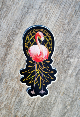 Flamingo with Gold Colored Upside Down Pineapple Waterproof Sticker / 1" x 3.25"