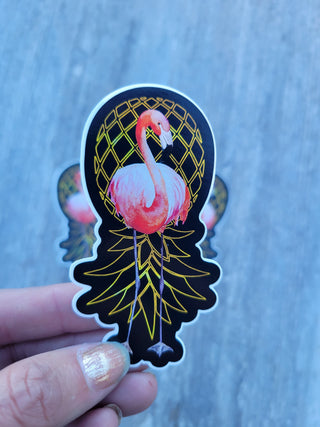 Flamingo with Gold Colored Upside Down Pineapple Waterproof Sticker / 1" x 3.25"