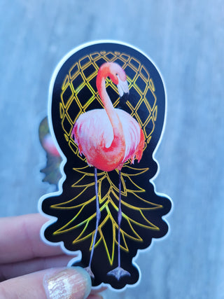 Flamingo with Gold Colored Upside Down Pineapple Waterproof Sticker / 1" x 3.25"