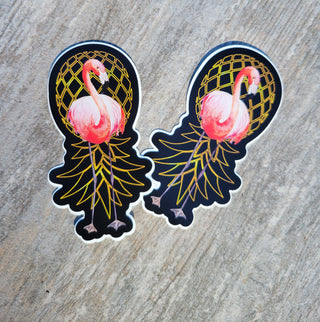 Flamingo with Gold Colored Upside Down Pineapple Waterproof Sticker / 1" x 3.25"