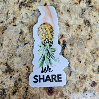 We Share Sticker with a hand holding an upside down pineapple / Swinger pineapple sticker or decal / Alternative lifestyle pineapple