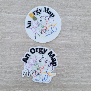 An Orgy Map sticker as a travel map using an upside down pineapple to represent the swinger lifestyle
