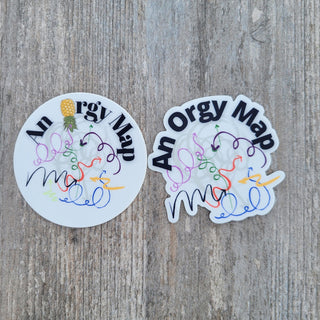 An Orgy Map sticker as a travel map using an upside down pineapple to represent the swinger lifestyle