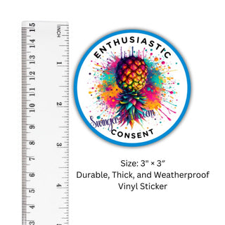 Enthusiastic Consent Upside Down Pineapple Sticker with a Burst of Color for the Swinger Lifestyle, 3", Weatherproof Vinyl