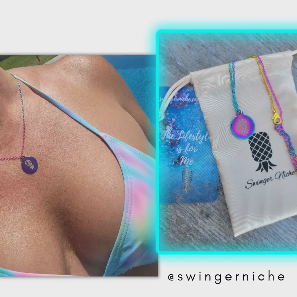 Rainbow Colored Necklace with an Upside Down Pineapple Charm / Swinger Lifestyle Jewelry / 16 Inch Necklace