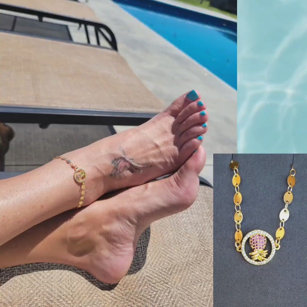 Upside Down pineapple anklet, Lifestyle anklet, Pineapple bracelet, Charm anklet, Includes Jewelry Bag/ Gold Color / Pineapple Anklet